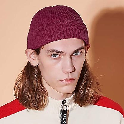 50% Wool Knit Short Fisherman Beanie for Men Women Warm Winter Hat - color: #Wine Red
