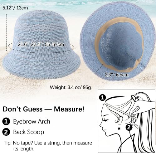 Babalet Summer Straw Beach Sun Hats for Women Packable Floppy Bucket Hat - color: Ice Blue