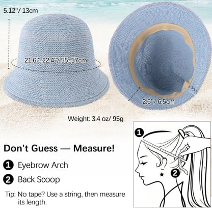 Babalet Summer Straw Beach Sun Hats for Women Packable Floppy Bucket Hat - color: Ice Blue