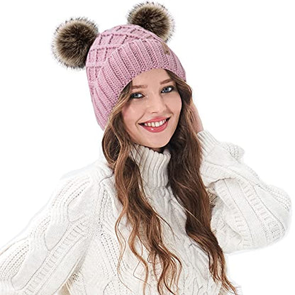 Arctic Paw Womens Winter Hat Cable Knit Beanie for Women Faux Fur Pompom Ears - color: Pink_grid