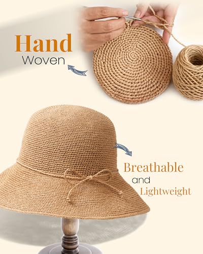 FURTALK Beach Sun Hat for Women Foldable Packable Handmade Straw Hats Sun Protection Floppy Travel Essentials - color: Khaki, size: Medium-Large