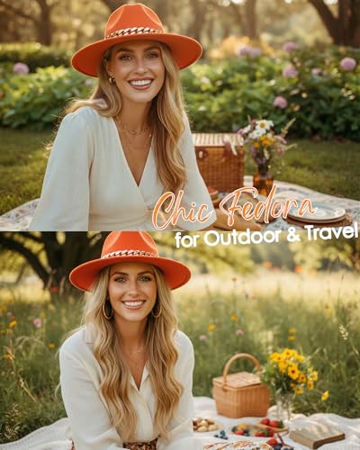 Men & Women Wide Brim Fedora Hat with Chain Buckle - color: Chain Belt-orange