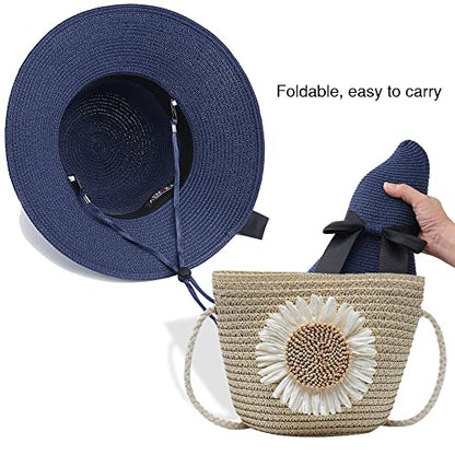 Sun Straw Hat for Women with Wind Lanyard Wide Brim Foldable Beach Summer Hats Womens UV 50+ Protection Bowknot Cap - color: Navy Blue