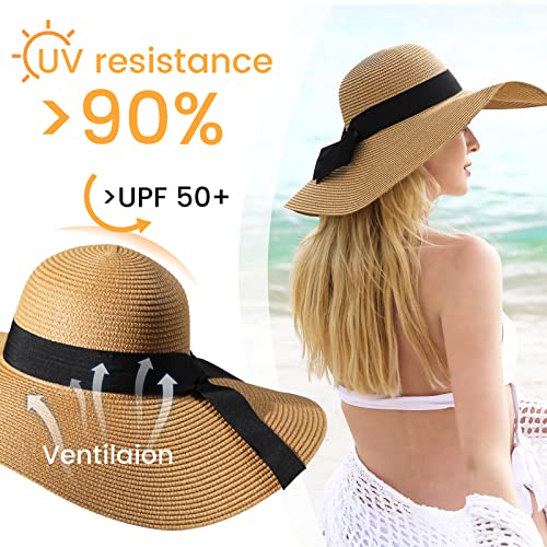 Beach Sun Straw Hats for Women, UPF 50+ UV Sun Protection Summer Straw Hat - color: B - Bege