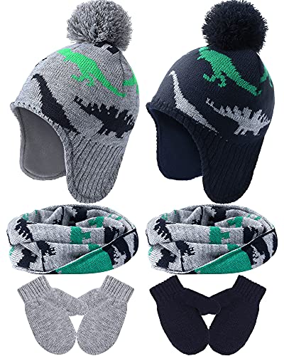 SATINIOR Winter Toddler Boys Hat Dinosaur Warm Mittens Scarf Set Pompom Baby Beanie Knitted Baby Hat Scarf Gloves Earflaps - color: Stylish Color