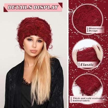 Chuarry Distressed Knitted Beanie Fuzzy Winter Hat - color: Claret