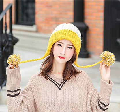 HUAMULAN Women Winter Sherpa Knit Beanie Hat Fleece Lined Ear Flaps - color: Beige Yellow