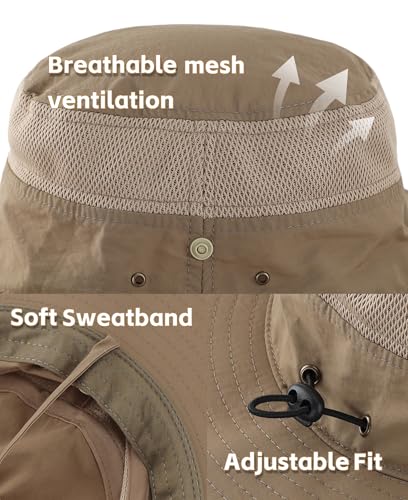 Connectyle UPF 50+ Wide Brim Sun Hat for Men Breathable Cowboy Boonie Hats Outdoor Bucket Hat for Fishing Hiking Safari - color: Dark Khaki