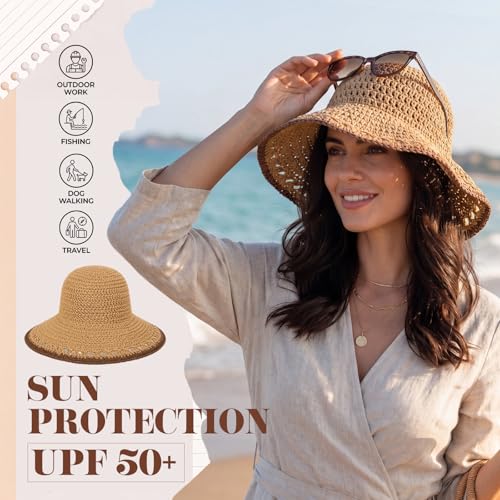 Eurzom Wide Brim Straw Bucket Hats for Women Summer Beach Sun Hat Foldable Packable Outdoor Travel Fedora Hat UV Protection - color: Khaki & Coffee