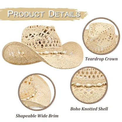Keilin Cowboy Hats for Women and Men - Straw Teardrop Western Cowgirl Cowboy Sun Hat for Teens and Adults - color: Beige Braided Sea Shell