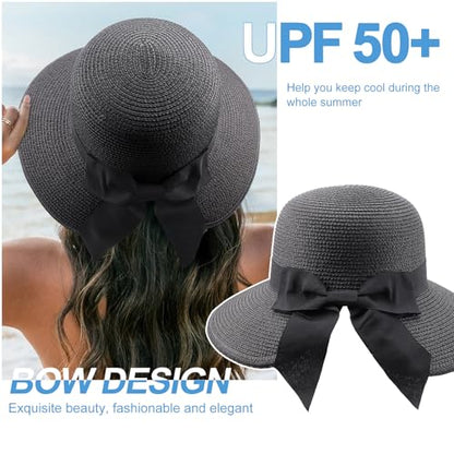 DRESHOW Sun Hats for Women Travel Fedora Foldable Beach Sun Hat Summer Wide Brim Straw Bucket Hat with Bowknot UPF 50+ - color: 1 Pack Bowknot Straw Hat: Black