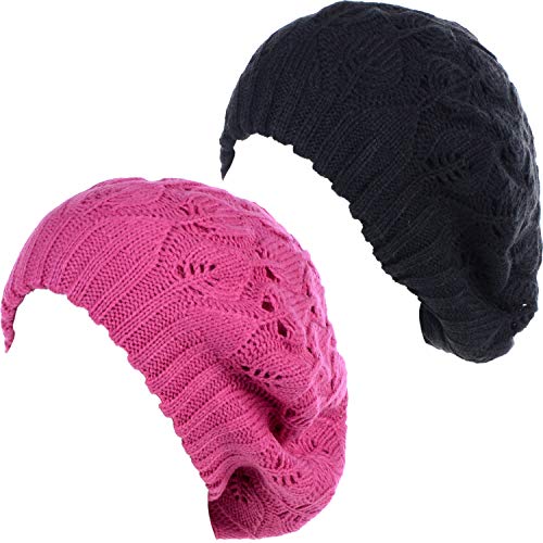 BYOS Women Mid-Weight Slouchy Leafy Cutout Crochet Soft Knit French Beret Hat - color: 2-pack-fuchsia & Bk