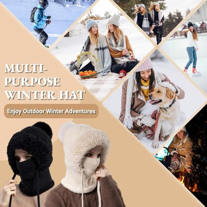 Women’s Knitted Beanie Hat with Face Cover - 3 in 1 Winter Balaclava with Mask Scarf Ear Muffs Pompom Fleece Lined Snow Caps - color: Beige-b
