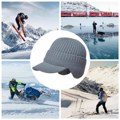 Men's Winter Hat with Brim, Warm Earflaps Hat for Men, Thick Fleece Lined Knit Winter Beanie Outdoor - color: Grey