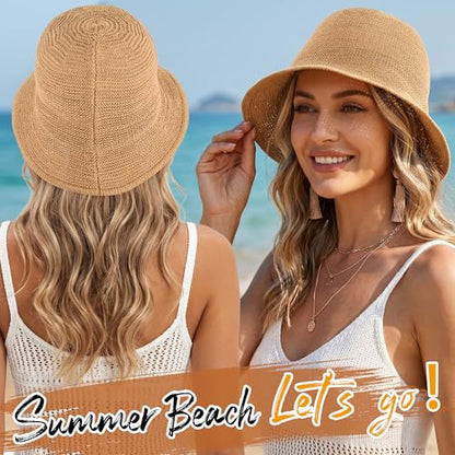 Babalet Summer Straw Beach Sun Hats for Women Packable Floppy Bucket Hat - color: Khaki