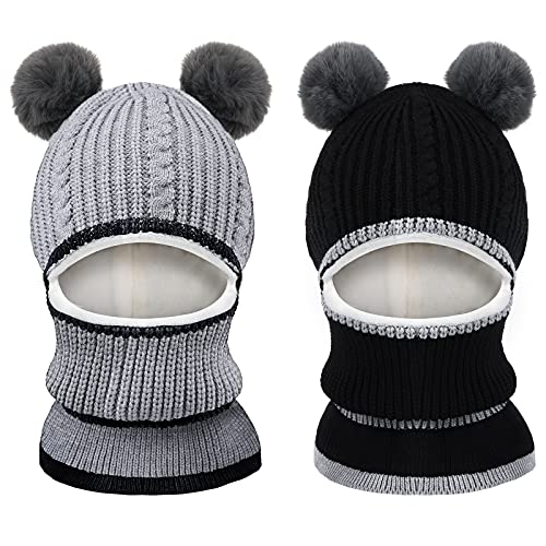 2 Pieces Kids Hood Scarf Kids Knit Hat Winter Thick Earflap Skull Caps for Boy Girls - color: Black, Grey