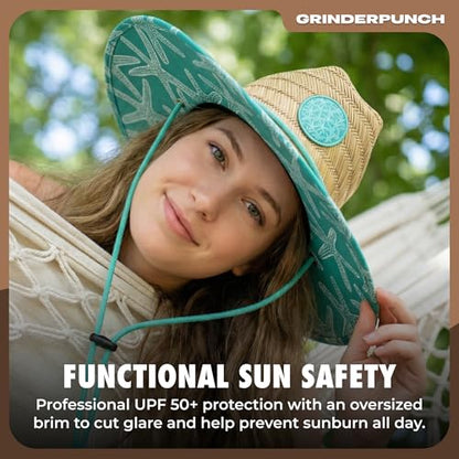 grinderPUNCH Straw Sun Hat for Men Women Wide Brim Beach Fishing UPF 50 - color: Teal Starfish
