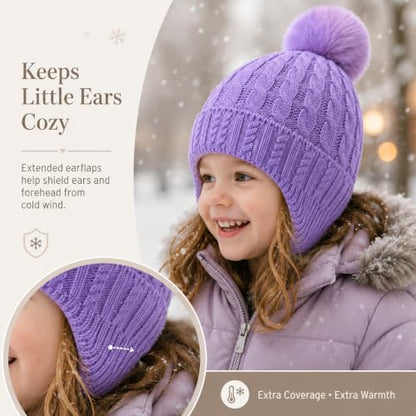 Toddler Baby Winter Hat with Earflap Kids Warm Twisted Knit Hat Infant Pom Pom Beanie Ski Cap for Baby Girls Boys - color: Purple, size: 2-6 Years