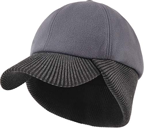LCZTN Wool Winter Baseball Cap with Warmer Earflap for Men ＆ Women Outdoor Ski Visor Beanie Hat - color: Grey