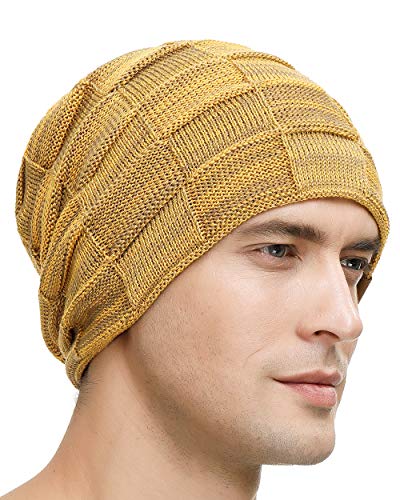Vgogfly Slouchy Beanie for Men Winter Hats for Guys Cool Beanies Mens Lined Knit Warm Thick Skully Stocking Binie Hat Pairs - color: Black / Yellow