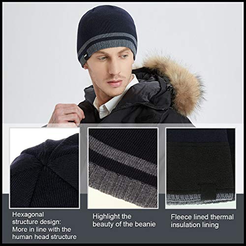 Mens Winter Beanie Hat Warm Knit Cuffed Plain Toboggan Ski Skull Cap (3 Patterns) - color: A4-navy
