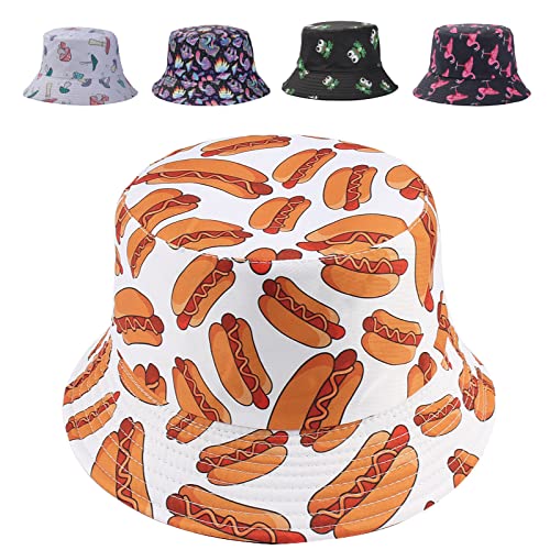 Reversible Bucket Hat for Women Summer Travel Fisherman Cap, Girls Cute Double Side Wear Bucket Cap - color: Hot Dog