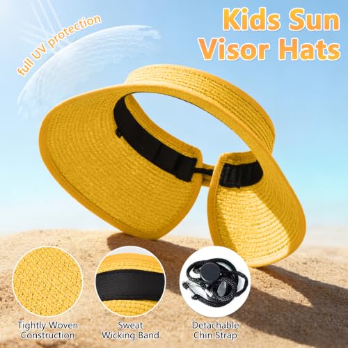 ZOORON Girls Straw Sun Visor Hat, Wide Brim Ponytail Beach Hat with Bow - color: Orange Yellow