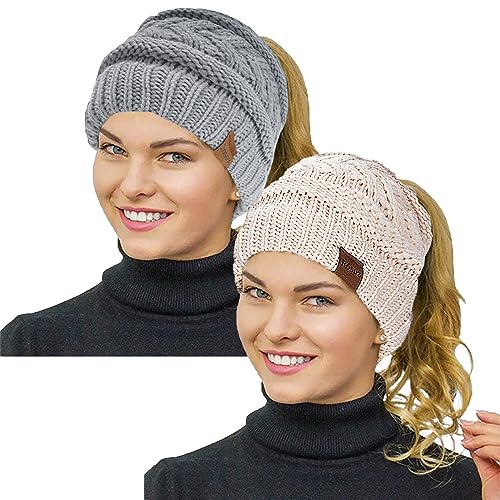 Rosoz 2 Pack Ponytail Beanie for Women,Winter Warm Beanie Tail Soft Stretch Cable Knit Messy High Bun Hat - color: 2pack-beige/Light Grey