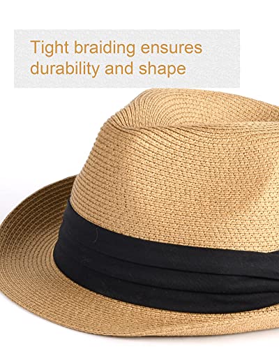 FURTALK Fedora Straw Sun Hat for Men Women Foldable Roll Up Short Brim Trilby Hat Panama Beach Hat - color: Khaki, size: Large-X-Large