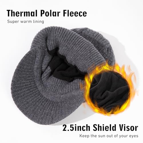 TOP-EX 100% Australian Merino Wool Brim Beanie, Polartec™ Fleece Lined - color: Gray, size: Medium-Large