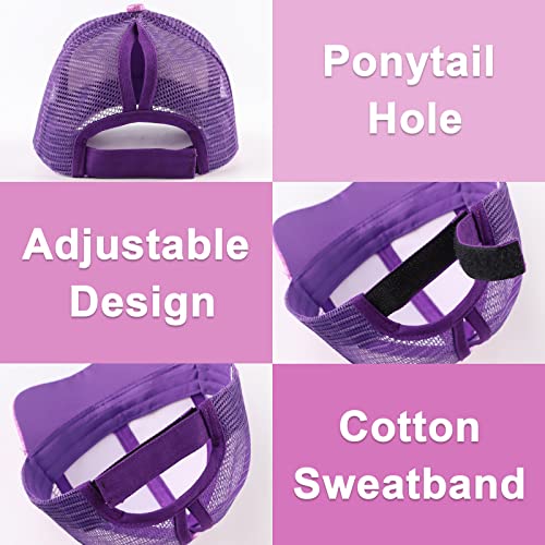 Zsedrut Girls Glitter Baseball Cap Kids Adjustable Ponytail Hat Toddler Summer Mesh Trucker Hats - color: Purple