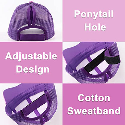 Zsedrut Girls Glitter Baseball Cap Kids Adjustable Ponytail Hat Toddler Summer Mesh Trucker Hats - color: Purple
