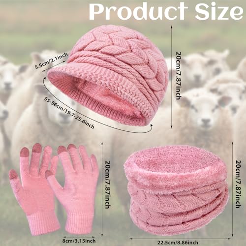 Loritta 3 in 1 Womens Winter Hat Gloves Scarf Set, Warm Hat Mittens - color: Pink