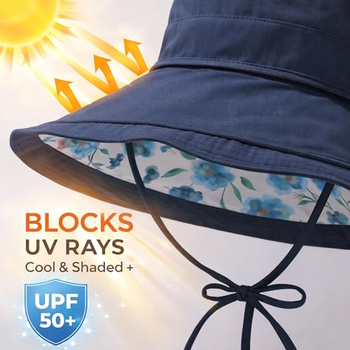 Wide Brim Sun Hat for Women Reversible Beach Hats Metal Wired Edge Gardening Hats, UPF 50+ Bucket Summer Hat - color: Navy