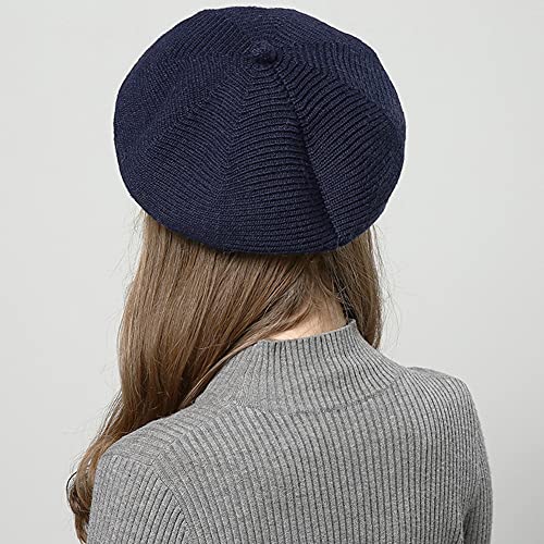 French Style Beret Hat for Women Winter Fall Knit Artist Hats Classic Solid Color Beanie Hat - color: Navy