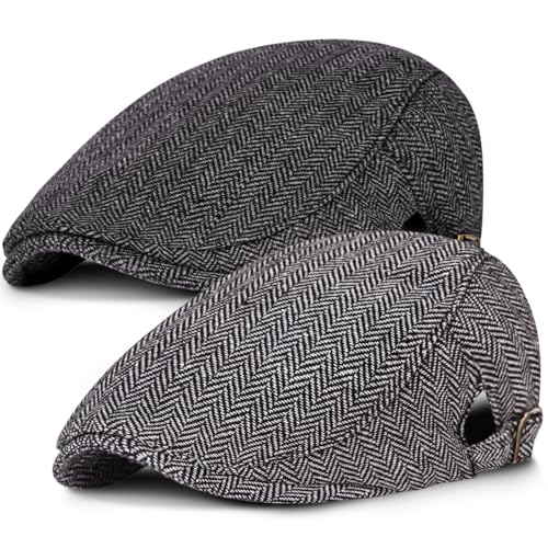 Senker Fashion 2 Pack Newsboy Cap for Men, Wool Blend Tweed Flat Cap - color: Dark Gray Black