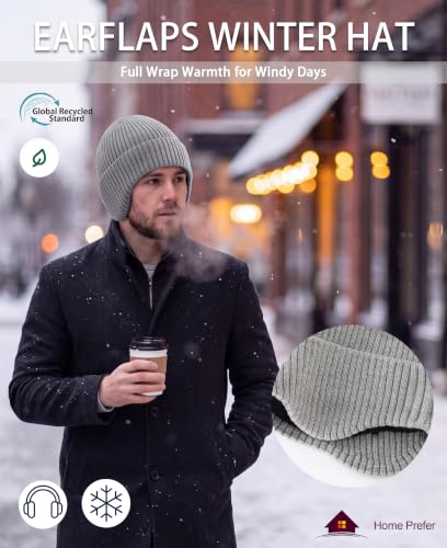Home Prefer Fleece Lined Rib Knit Cuffed Beanie with Earflaps for Men Women - color: Light Grey