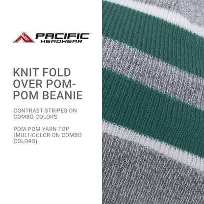 Pacific Headwear Unisex Adult Pacific Headwear Knit Fold Over Pom-pom Beanie - color: Heather/Kelly/White