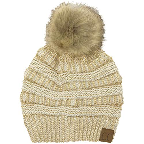 C.C Fur Pom Winter Fall Trendy Chunky Stretchy Cable Knit Beanie Hat - color: Metallic Ivory/Gold