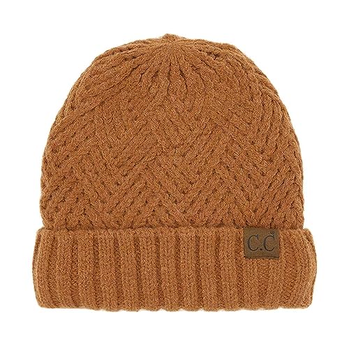 C.C Unisex Chunky Soft Stretch Cable Knit Warm Fuzzy Lined Skully Beanie - color: Cuffed Rust