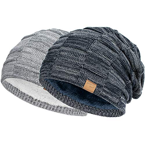 Vgogfly Slouchy Beanie for Men Winter Hats for Guys Cool Beanies Mens Lined Knit Warm Thick Skully Stocking Binie Hat Pairs - color: Light Grey / Navy