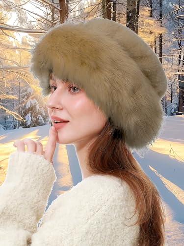 sy soul young Women's Leopard Faux Fur Hats Fluffy Bucket Hat Russian Style - color: Khaki