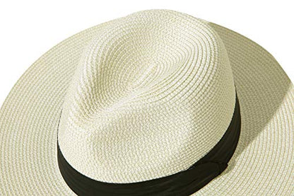 Lanzom Women Wide Brim Straw Panama Roll up Hat Fedora Beach Sun Hat UPF50+ - color: 02-fold Belt Beige, size: One Size-Medium
