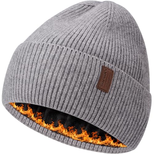 Fleece Lined Winter Beanie for Men Women Warm Windproof Beanies Hats Thick Knit Winter Hat for Cold Weather - color: Grey