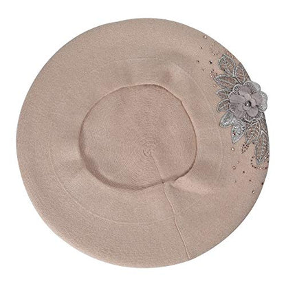 ZLYC Women French Beret Hat Reversible Solid Color Mosaic Warm Artist Cap - color: Flower Beige