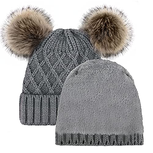 Arctic Paw Womens Winter Hat Cable Knit Beanie for Women Faux Fur Pompom Ears - color: Grey_grid