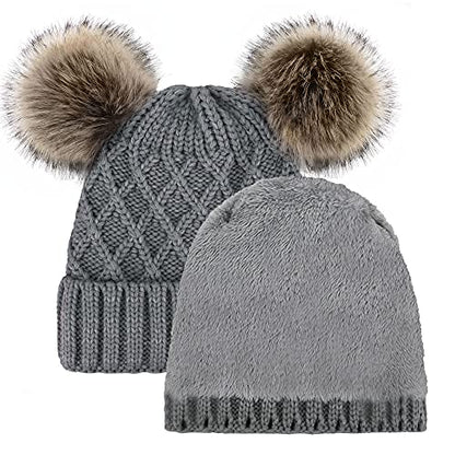 Arctic Paw Womens Winter Hat Cable Knit Beanie for Women Faux Fur Pompom Ears - color: Grey_grid