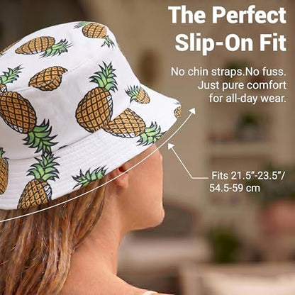 ZLYC Printed Bucket Hat for Women Men Packable Summer Sun Hat for Beach - color: Pineapple White