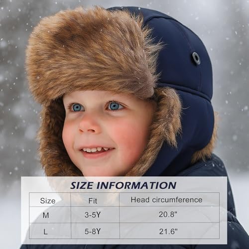 Kids Winter Trappers Hat Toddler Outdoor Windproof Ushanka Ski Cap Ear Flap Chin Strap Snow Hat for 3-8Y - color: C-navy Blue, size: Medium