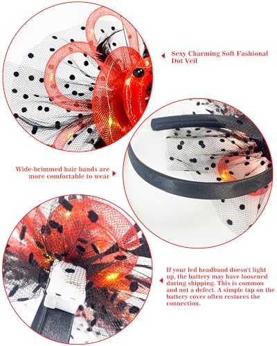 Women Fascinator Hats LED Light Up Headband for Tea Party Halloween Night Headwear Christmas Mardi Gras - color: Black Red